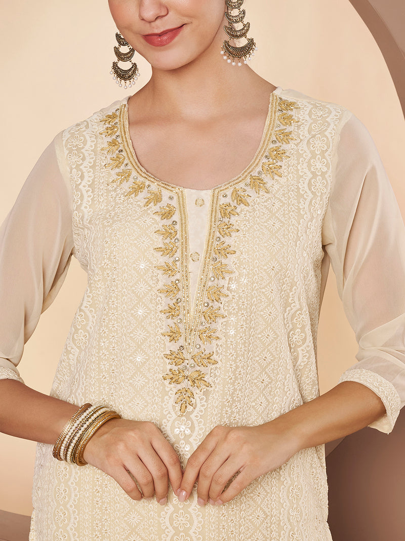 Beige & Skin Chickenkari Adda Work Embroidered Kurta with Palazzo and Embroidered Dupatta