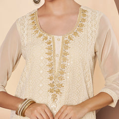 Beige & Skin Chickenkari Adda Work Embroidered Kurta with Palazzo and Embroidered Dupatta