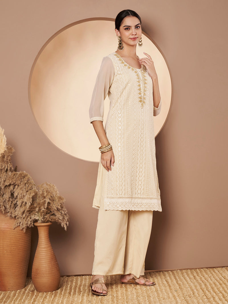 Beige & Skin Chickenkari Adda Work Embroidered Kurta with Palazzo and Embroidered Dupatta