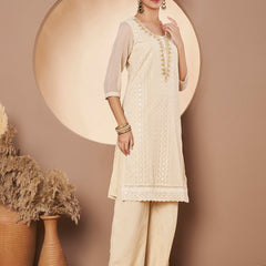 Beige & Skin Chickenkari Adda Work Embroidered Kurta with Palazzo and Embroidered Dupatta