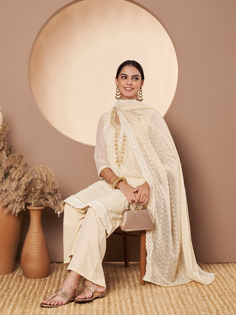 Beige & Skin Chickenkari Adda Work Embroidered Kurta with Palazzo and Embroidered Dupatta