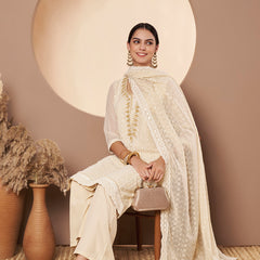 Beige & Skin Chickenkari Adda Work Embroidered Kurta with Palazzo and Embroidered Dupatta