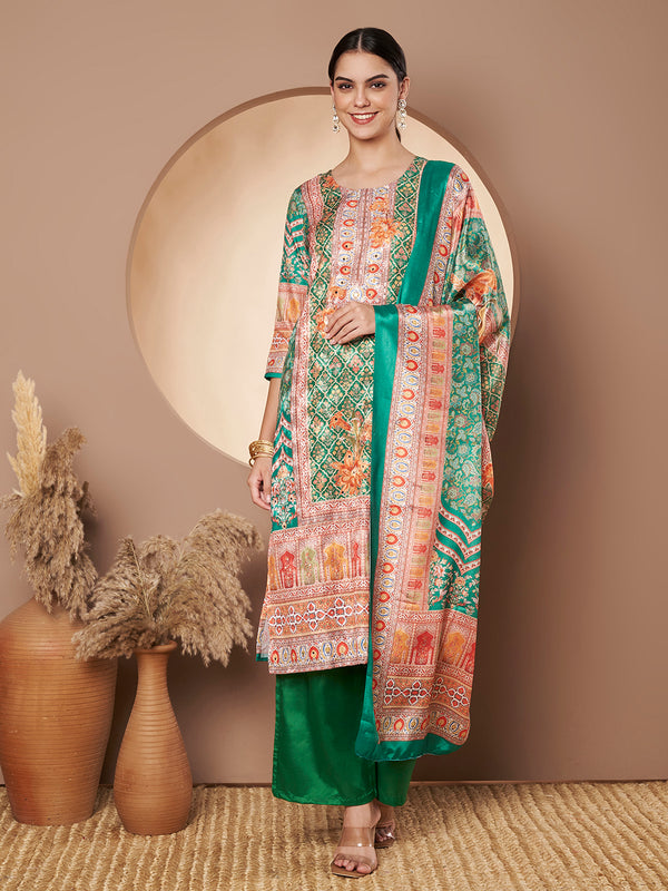 Women Green Printed Mirror work Kurta with Palazzo & Printed Dupatta