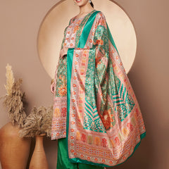 Women Green Printed Mirror work Kurta with Palazzo & Printed Dupatta