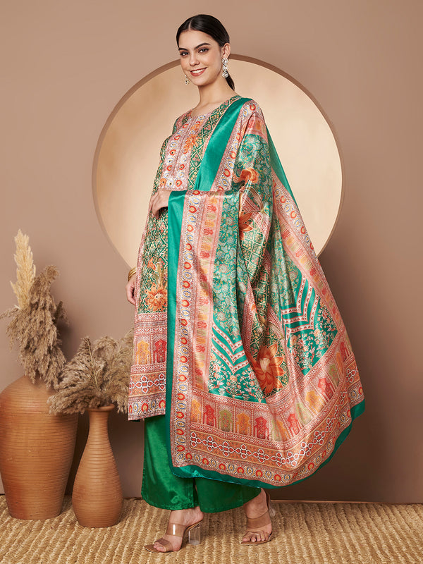 Women Green Printed Mirror work Kurta with Palazzo & Printed Dupatta
