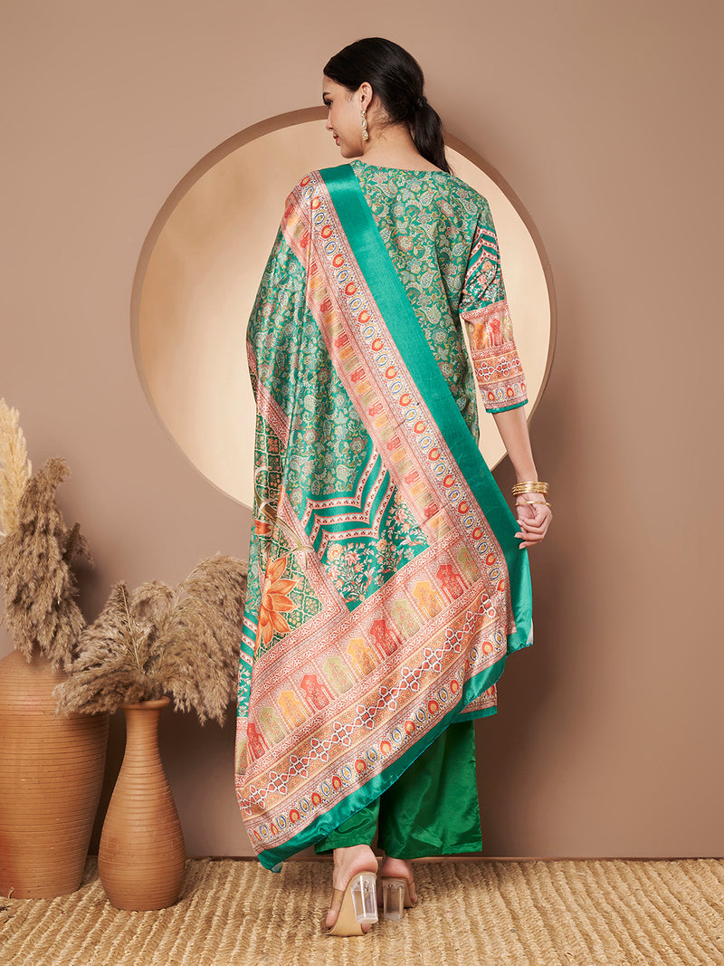 Women Green Printed Mirror work Kurta with Palazzo & Printed Dupatta