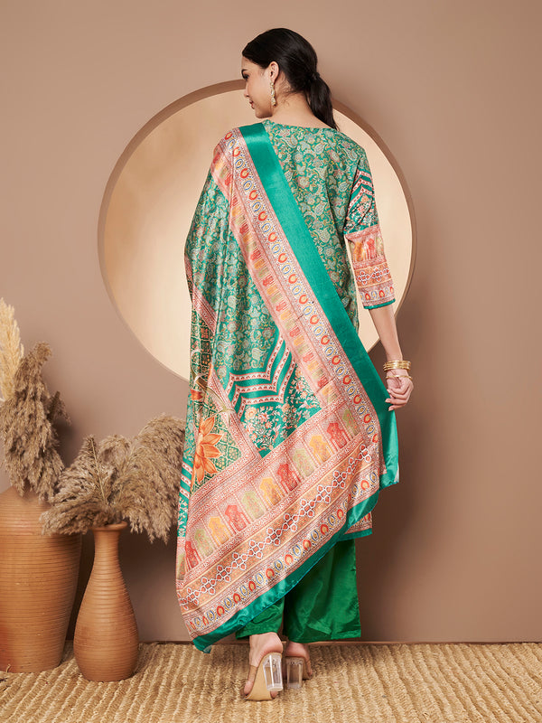 Women Green Printed Mirror work Kurta with Palazzo & Printed Dupatta