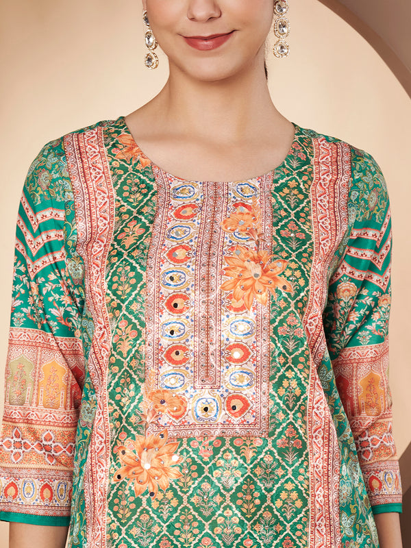 Women Green Printed Mirror work Kurta with Palazzo & Printed Dupatta