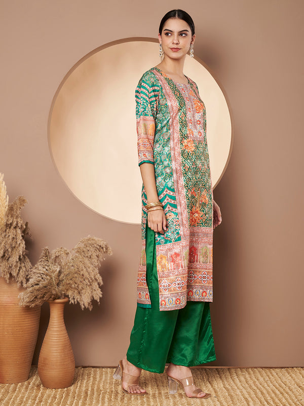 Women Green Printed Mirror work Kurta with Palazzo & Printed Dupatta