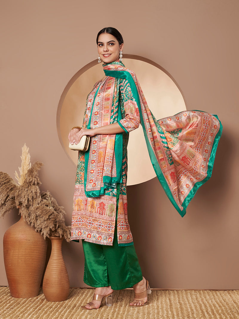Women Green Printed Mirror work Kurta with Palazzo & Printed Dupatta