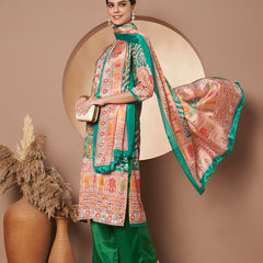 Women Green Printed Mirror work Kurta with Palazzo & Printed Dupatta