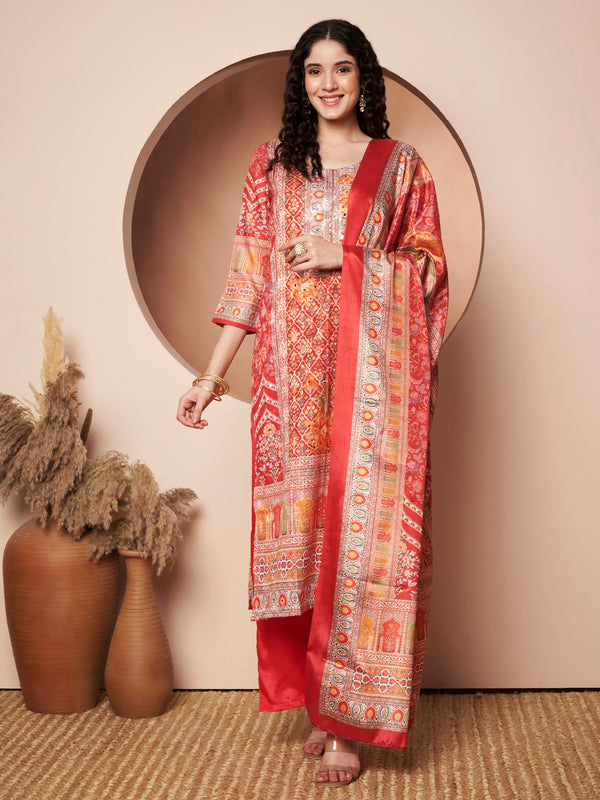 Women Maroon Printed Mirror work Kurta with Palazzo & Printed Dupatta