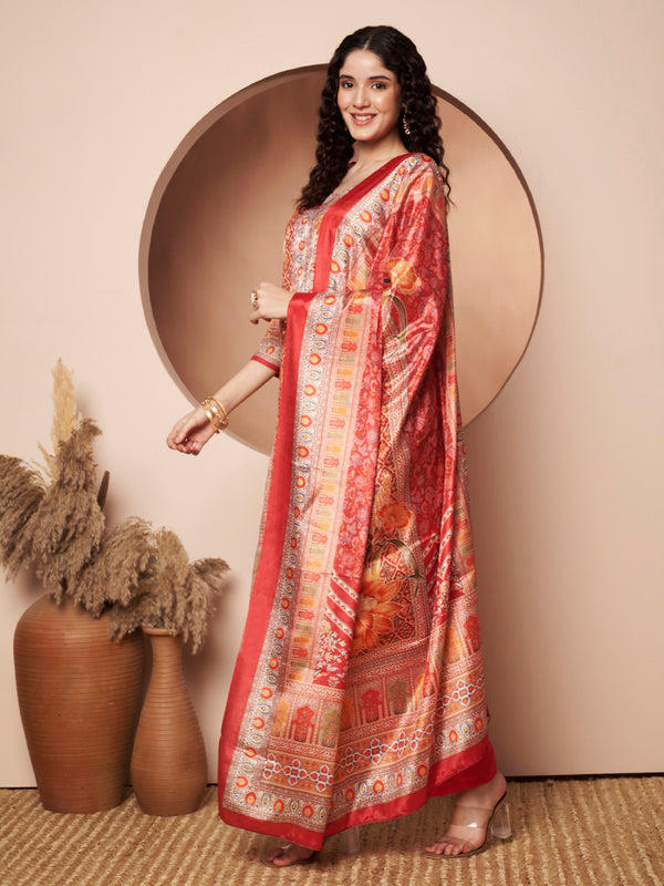 Women Maroon Printed Mirror work Kurta with Palazzo & Printed Dupatta