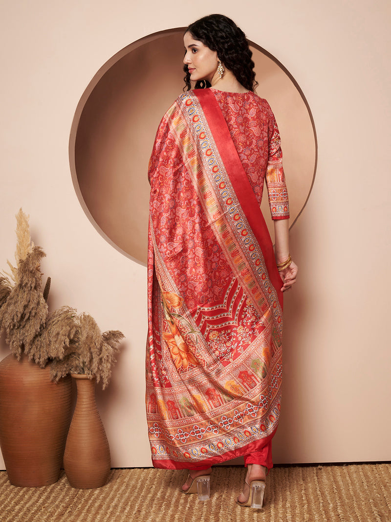 Women Maroon Printed Mirror work Kurta with Palazzo & Printed Dupatta