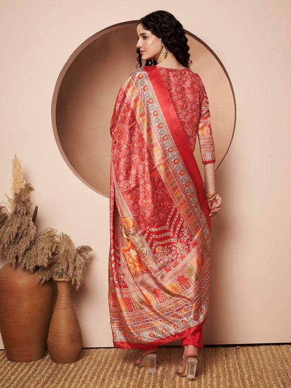 Women Maroon Printed Mirror work Kurta with Palazzo & Printed Dupatta