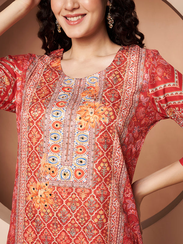 Women Maroon Printed Mirror work Kurta with Palazzo & Printed Dupatta