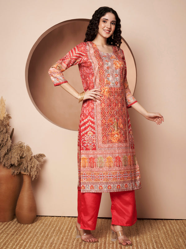 Women Maroon Printed Mirror work Kurta with Palazzo & Printed Dupatta