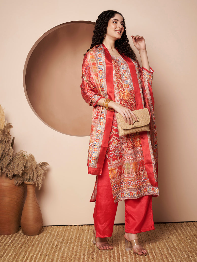 Women Maroon Printed Mirror work Kurta with Palazzo & Printed Dupatta