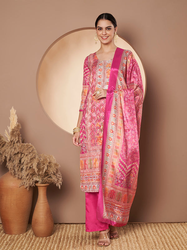 Women Pink Printed Mirror work Kurta with Palazzo & Printed Dupatta