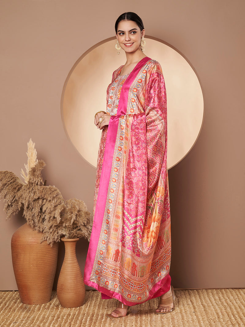 Women Pink Printed Mirror work Kurta with Palazzo & Printed Dupatta