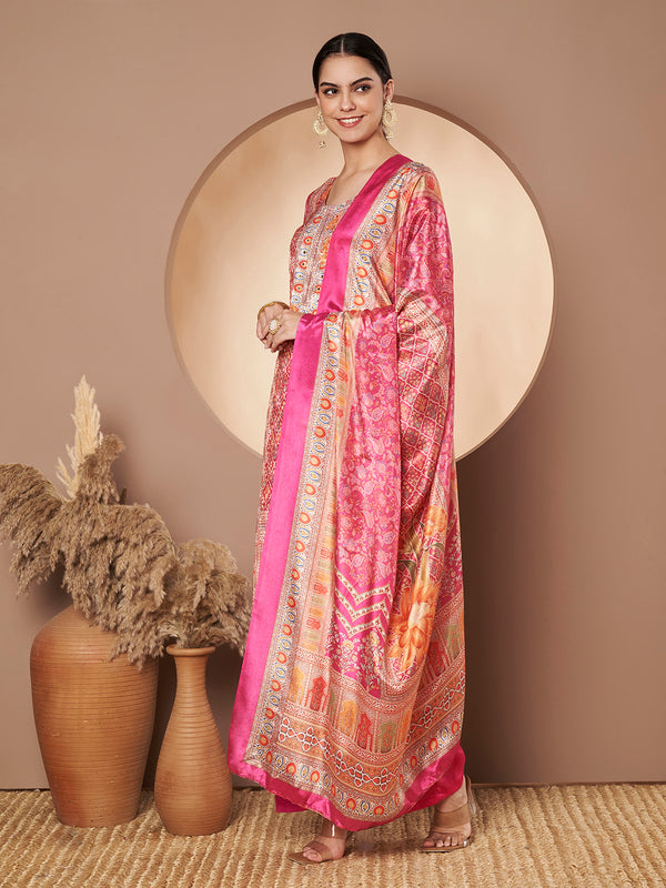 Women Pink Printed Mirror work Kurta with Palazzo & Printed Dupatta