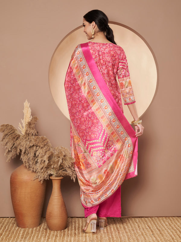 Women Pink Printed Mirror work Kurta with Palazzo & Printed Dupatta