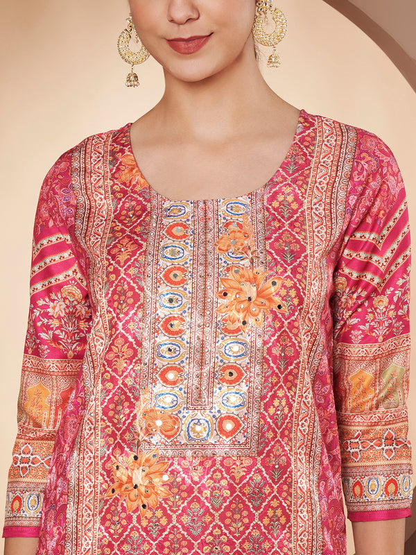 Women Pink Printed Mirror work Kurta with Palazzo & Printed Dupatta