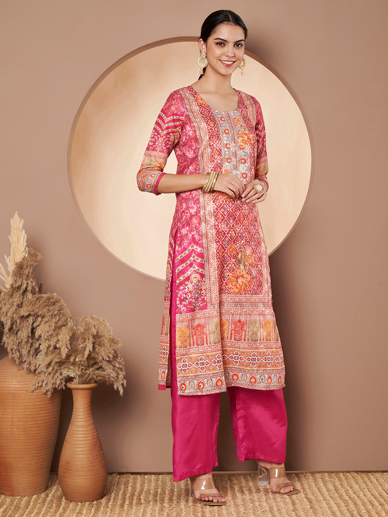 Women Pink Printed Mirror work Kurta with Palazzo & Printed Dupatta