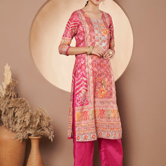 Women Pink Printed Mirror work Kurta with Palazzo & Printed Dupatta