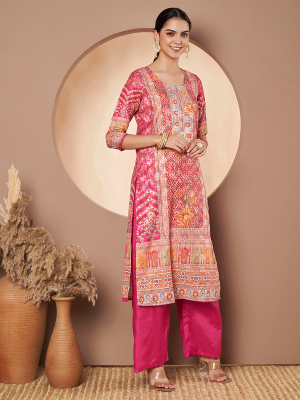 Women Pink Printed Mirror work Kurta with Palazzo & Printed Dupatta