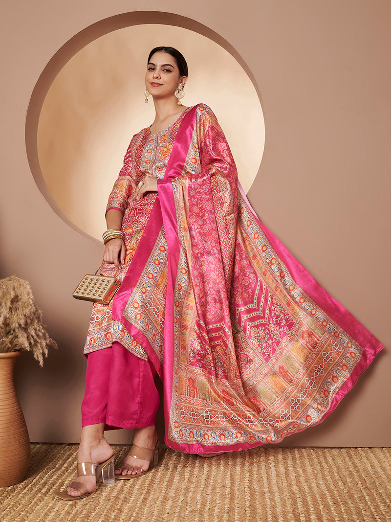 Women Pink Printed Mirror work Kurta with Palazzo & Printed Dupatta