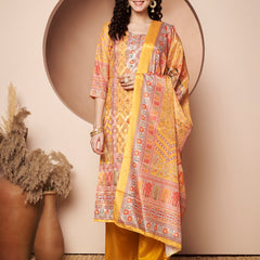 Women Yellow Printed Mirror work Kurta with Palazzo & Printed Dupatta