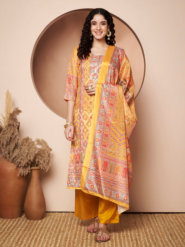 Women Yellow Printed Mirror work Kurta with Palazzo & Printed Dupatta