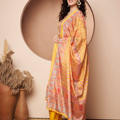 Women Yellow Printed Mirror work Kurta with Palazzo & Printed Dupatta