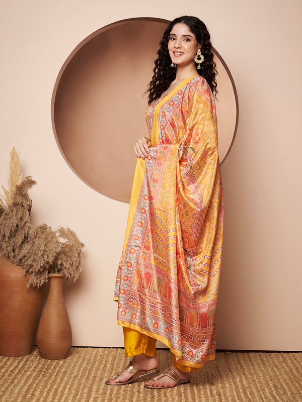 Women Yellow Printed Mirror work Kurta with Palazzo & Printed Dupatta