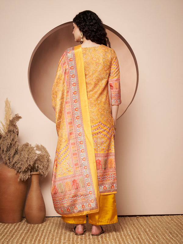 Women Yellow Printed Mirror work Kurta with Palazzo & Printed Dupatta