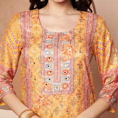 Women Yellow Printed Mirror work Kurta with Palazzo & Printed Dupatta