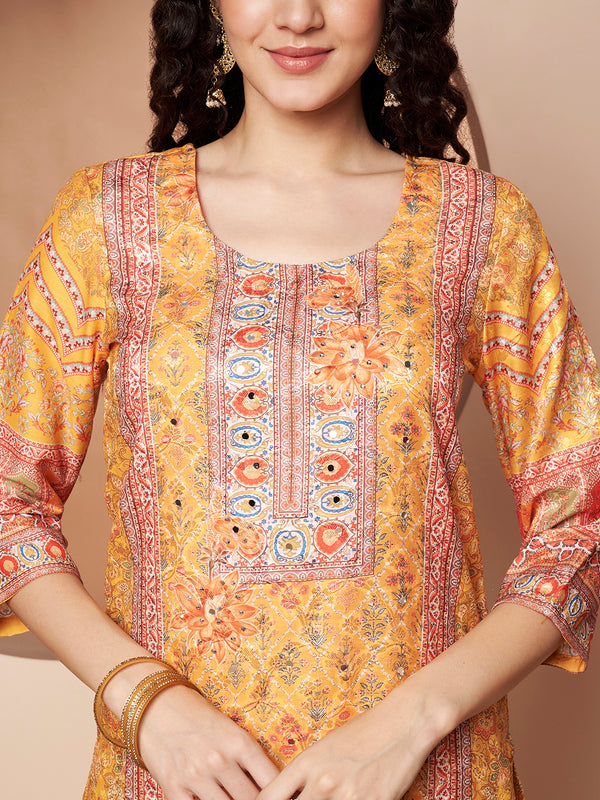 Women Yellow Printed Mirror work Kurta with Palazzo & Printed Dupatta