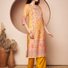 Women Yellow Printed Mirror work Kurta with Palazzo & Printed Dupatta