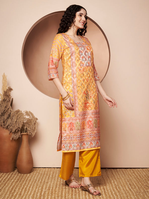 Women Yellow Printed Mirror work Kurta with Palazzo & Printed Dupatta