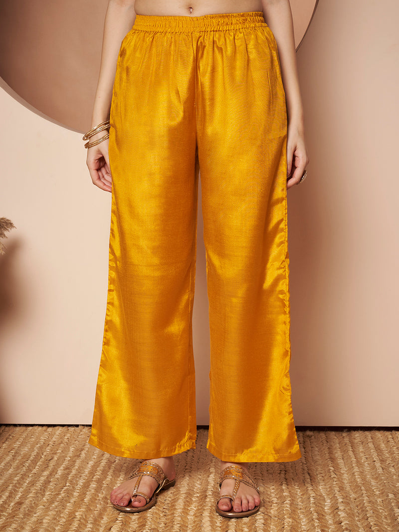 Women Yellow Printed Mirror work Kurta with Palazzo & Printed Dupatta