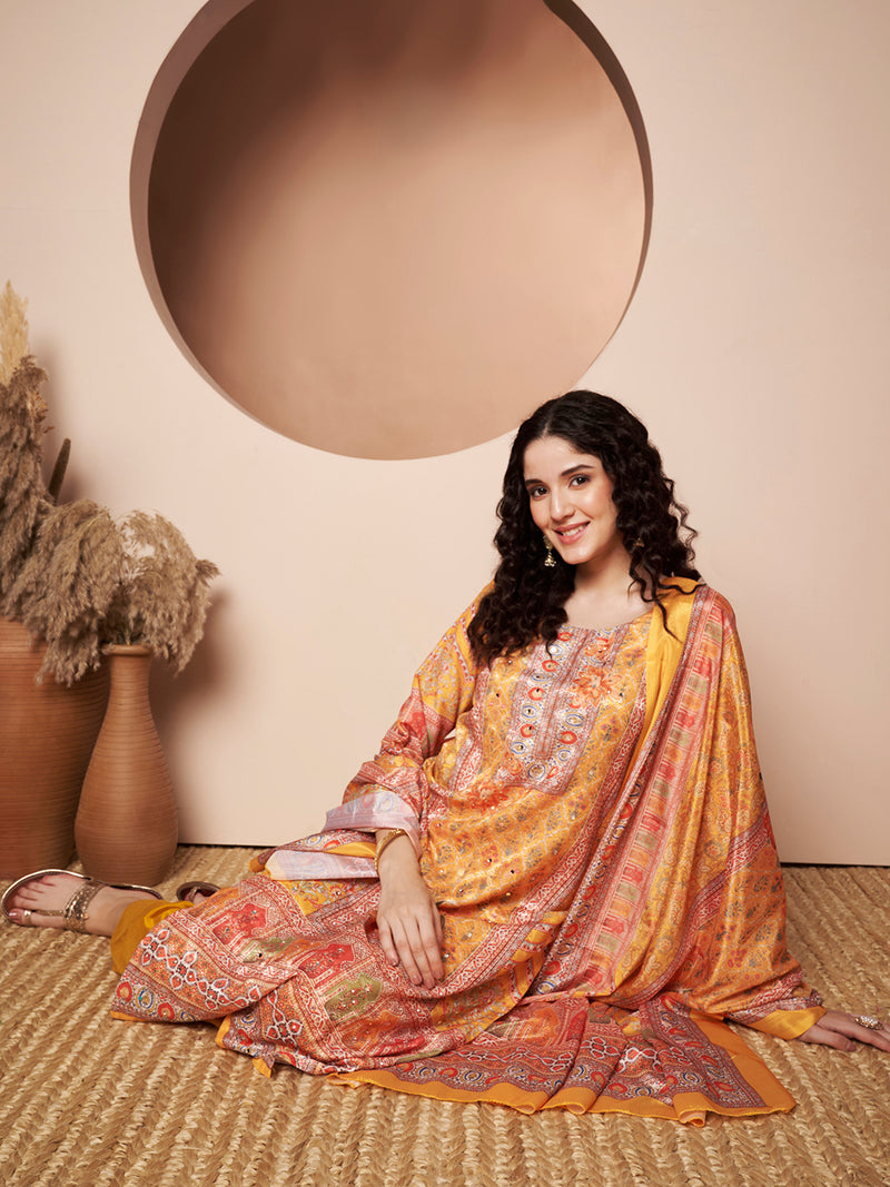 Women Yellow Printed Mirror work Kurta with Palazzo & Printed Dupatta