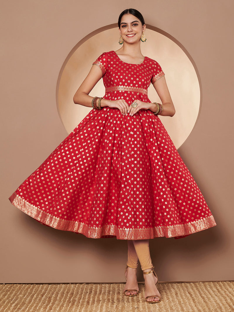 Poshak Hub Women Red & Golden Chanderi Jacard Flared Anarkali Kurta