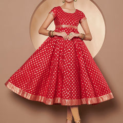 Poshak Hub Women Red & Golden Chanderi Jacard Flared Anarkali Kurta