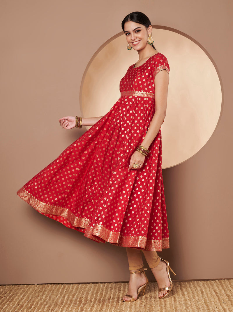 Poshak Hub Women Red & Golden Chanderi Jacard Flared Anarkali Kurta