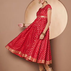 Poshak Hub Women Red & Golden Chanderi Jacard Flared Anarkali Kurta