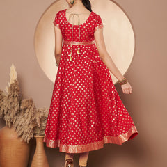 Poshak Hub Women Red & Golden Chanderi Jacard Flared Anarkali Kurta