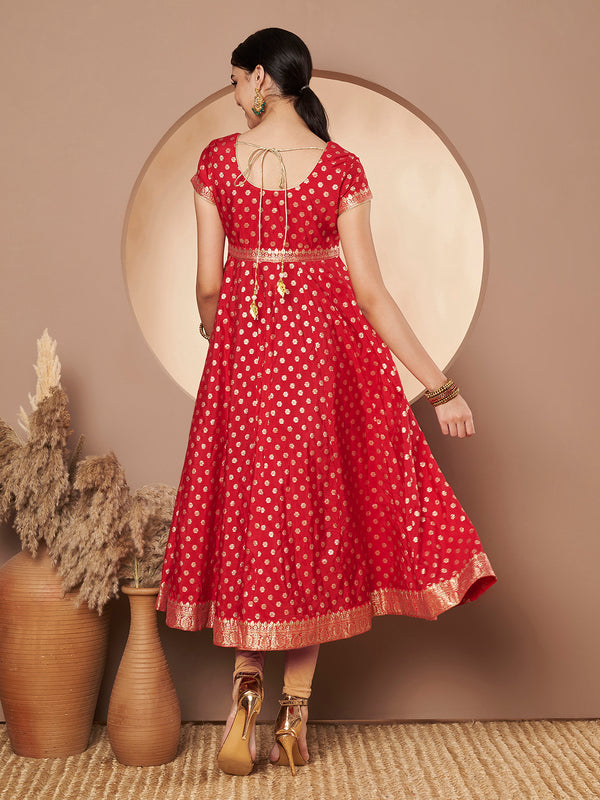 Poshak Hub Women Red & Golden Chanderi Jacard Flared Anarkali Kurta