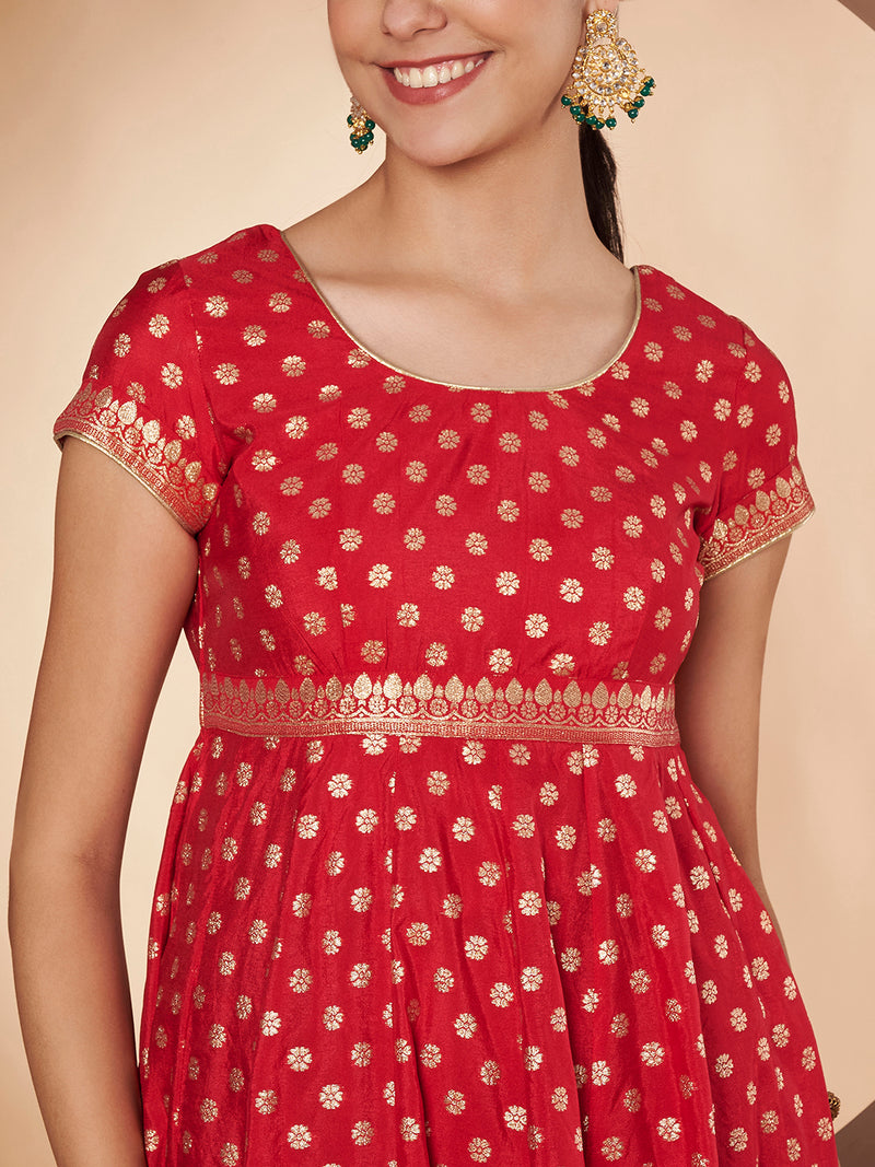Poshak Hub Women Red & Golden Chanderi Jacard Flared Anarkali Kurta