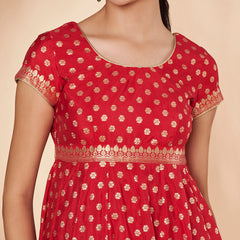 Poshak Hub Women Red & Golden Chanderi Jacard Flared Anarkali Kurta